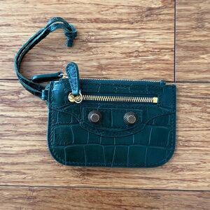 Balenciaga Le Cagole Coin Wallet, Forest Green Croc Embossed, Gold Details